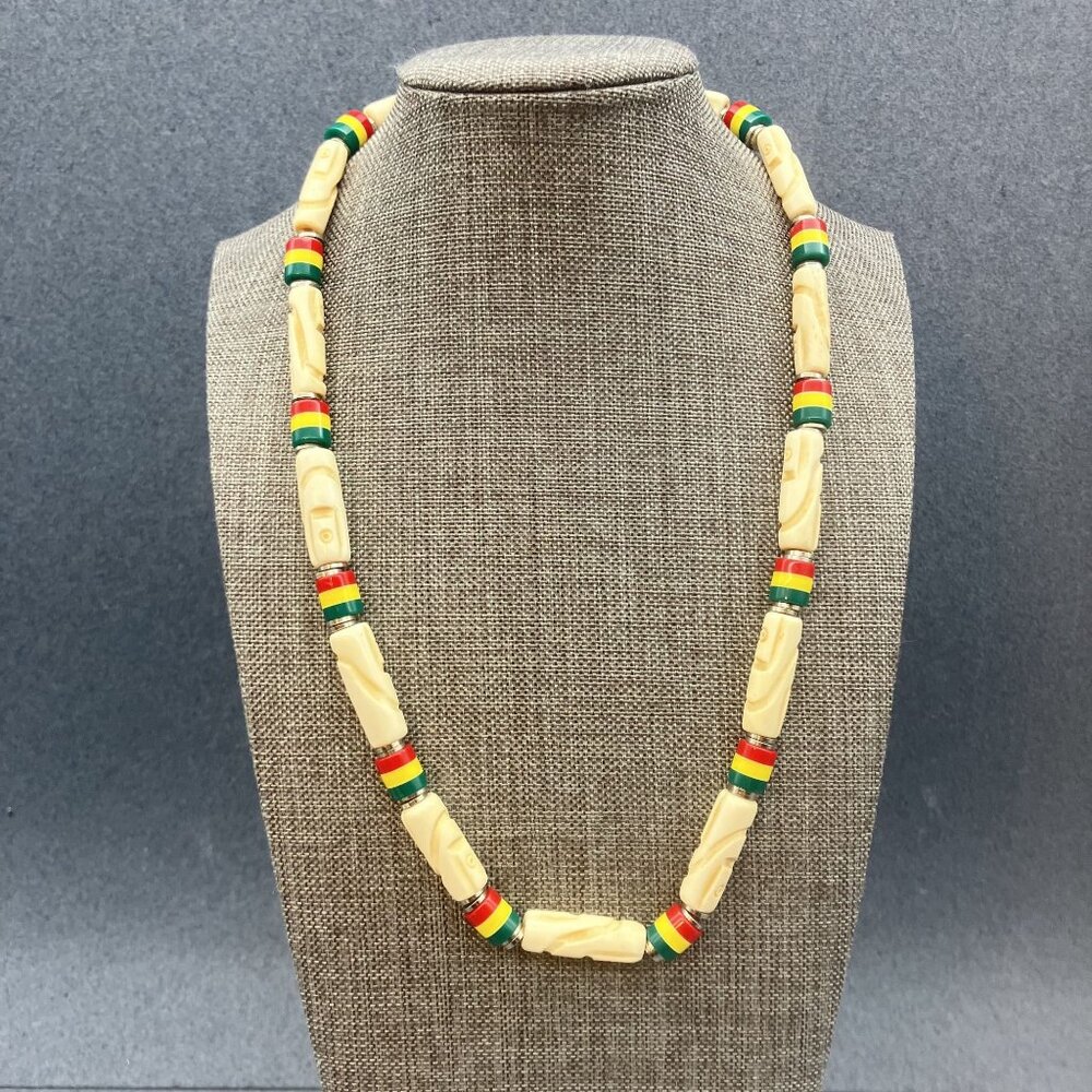 Carved Tribal Bead Necklace 20 In Red Yellow Green Rasta Hippie BoHo African